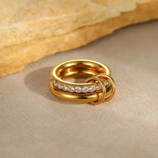 Fashionable Multi-Circle Stacked Stainless Steel Rings Gold Plated 18K Stylish Metal Feeling Rings For Women Casual Wear
