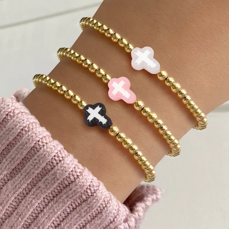 Fashionable Multi-Color Cross Beaded Bracelet Gold Copper Beads Women's Handwear Elegant Simple Classic Style Everyday Date