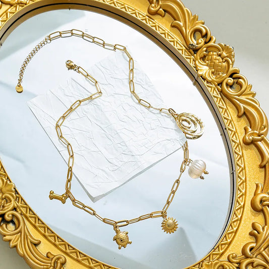 Fashionable Multi-Pendent Necklace Electroplated Stainless Steel Turtle Geometric Sun Bone Patterns Casual Holiday Everyday Wear Gold Plated Lobster Clasp