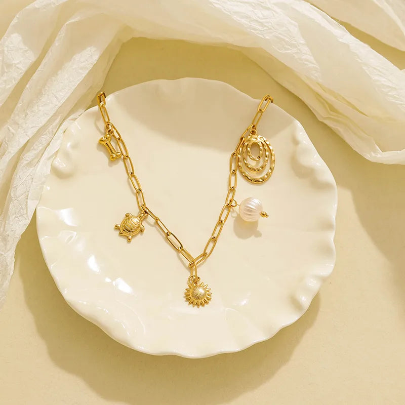 Fashionable Multi-Pendent Necklace Electroplated Stainless Steel Turtle Geometric Sun Bone Patterns Casual Holiday Everyday Wear Gold Plated Lobster Clasp