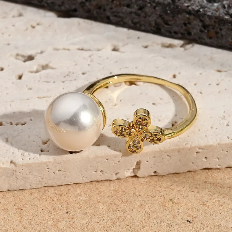 Fashionable Multi- Ring Pearl Micro-Set Zircon Crown Four-leaf Clover Ring Adjustable Size Electroplated Color Retention Jewelry