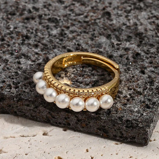 Fashionable Multi- Ring Pearl Micro-Set Zircon Crown Four-leaf Clover Ring Adjustable Size Electroplated Color Retention Jewelry