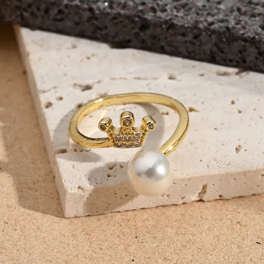 Fashionable Multi- Ring Pearl Micro-Set Zircon Crown Four-leaf Clover Ring Adjustable Size Electroplated Color Retention Jewelry