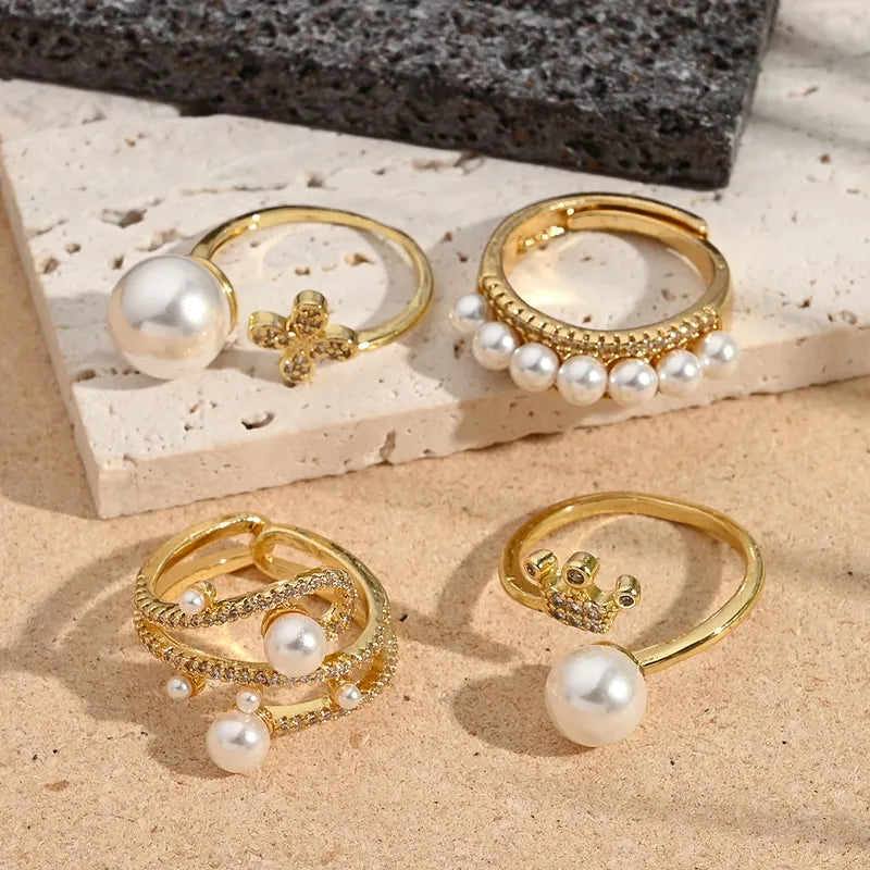 Fashionable Multi- Ring Pearl Micro-Set Zircon Crown Four-leaf Clover Ring Adjustable Size Electroplated Color Retention Jewelry