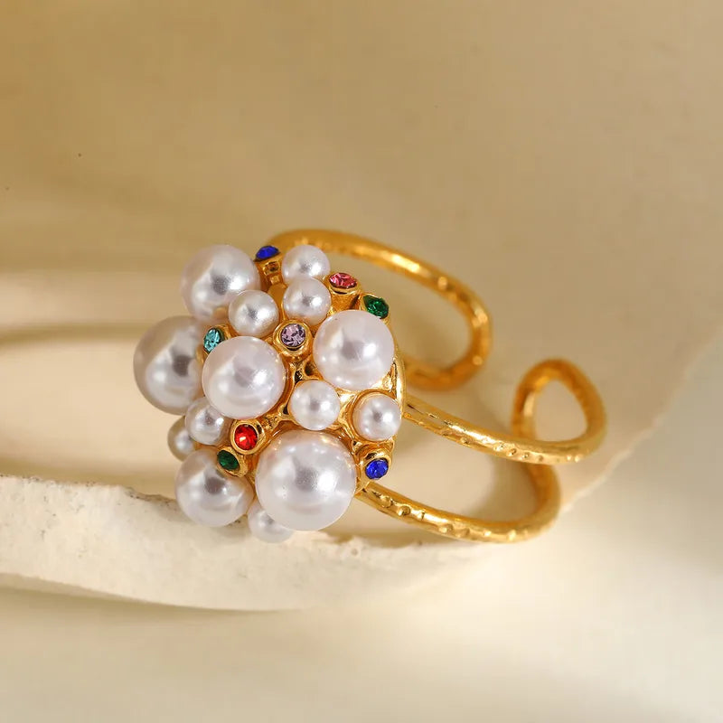 Fashionable Open Ring Stainless Steel Imitation Pearl Plated 18K Gold Pearl Geometric Pattern Adjustable Size For Women
