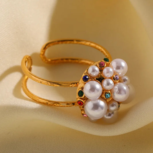 Fashionable Open Ring Stainless Steel Imitation Pearl Plated 18K Gold Pearl Geometric Pattern Adjustable Size For Women