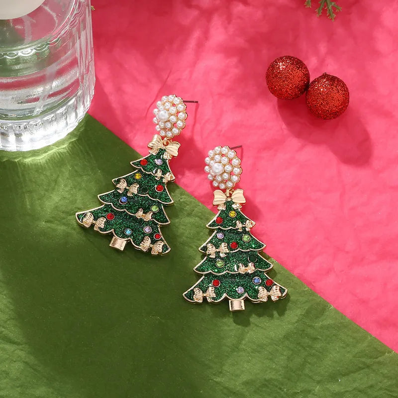 Fashionable Pearl Butterfly Knot Christmas Tree Alloy Drip Oil Earrings Women's Christmas Jewelry