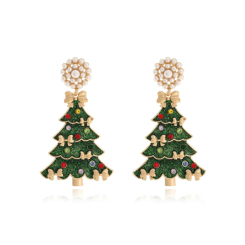Fashionable Pearl Butterfly Knot Christmas Tree Alloy Drip Oil Earrings Women's Christmas Jewelry