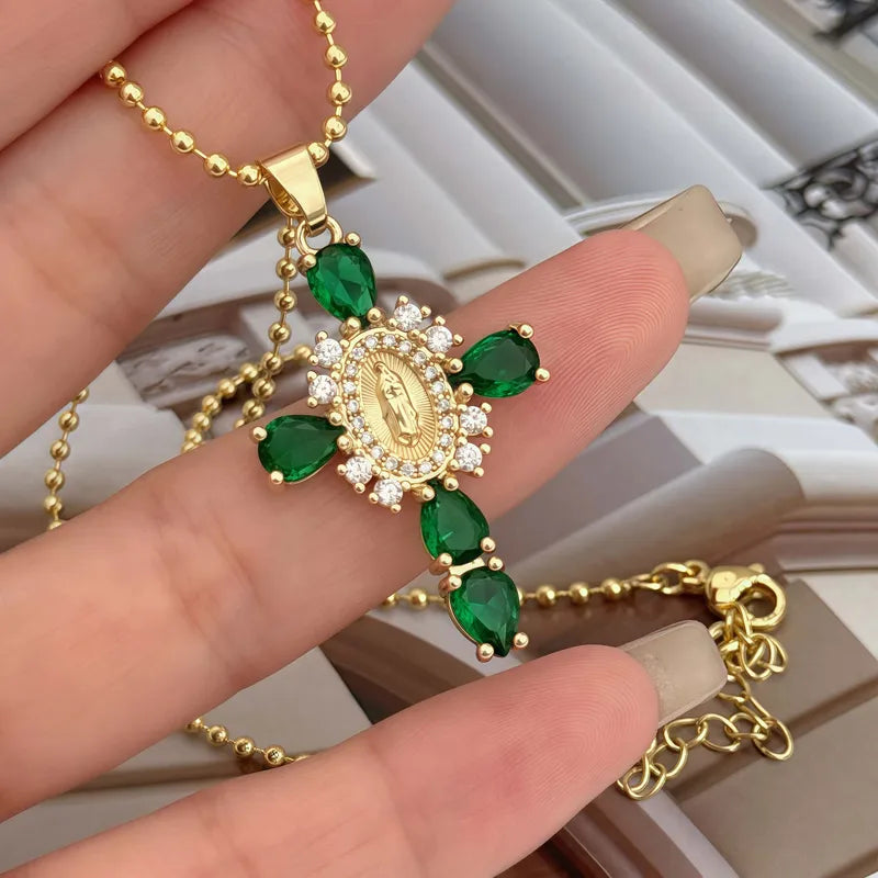 Fashionable Pendant Necklace Copper Plated 18K Gold Set Colorful Zircon Cross Virgin Mary Portrait Unisex Suitable For Travel Daily Commuting And Gifts