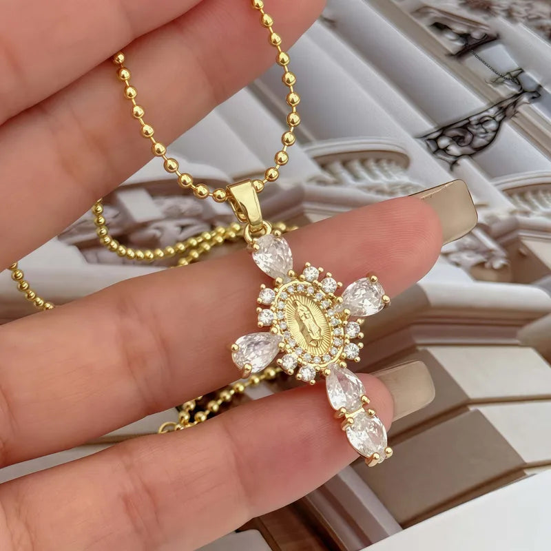 Fashionable Pendant Necklace Copper Plated 18K Gold Set Colorful Zircon Cross Virgin Mary Portrait Unisex Suitable For Travel Daily Commuting And Gifts