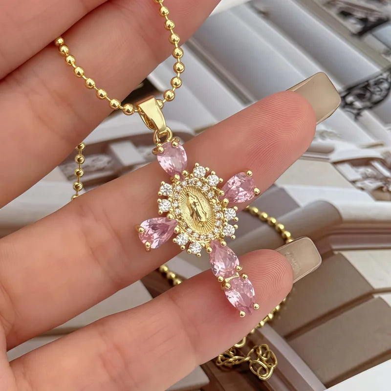 Fashionable Pendant Necklace Copper Plated 18K Gold Set Colorful Zircon Cross Virgin Mary Portrait Unisex Suitable For Travel Daily Commuting And Gifts