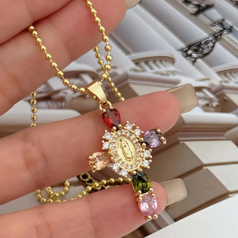 Fashionable Pendant Necklace Copper Plated 18K Gold Set Colorful Zircon Cross Virgin Mary Portrait Unisex Suitable For Travel Daily Commuting And Gifts