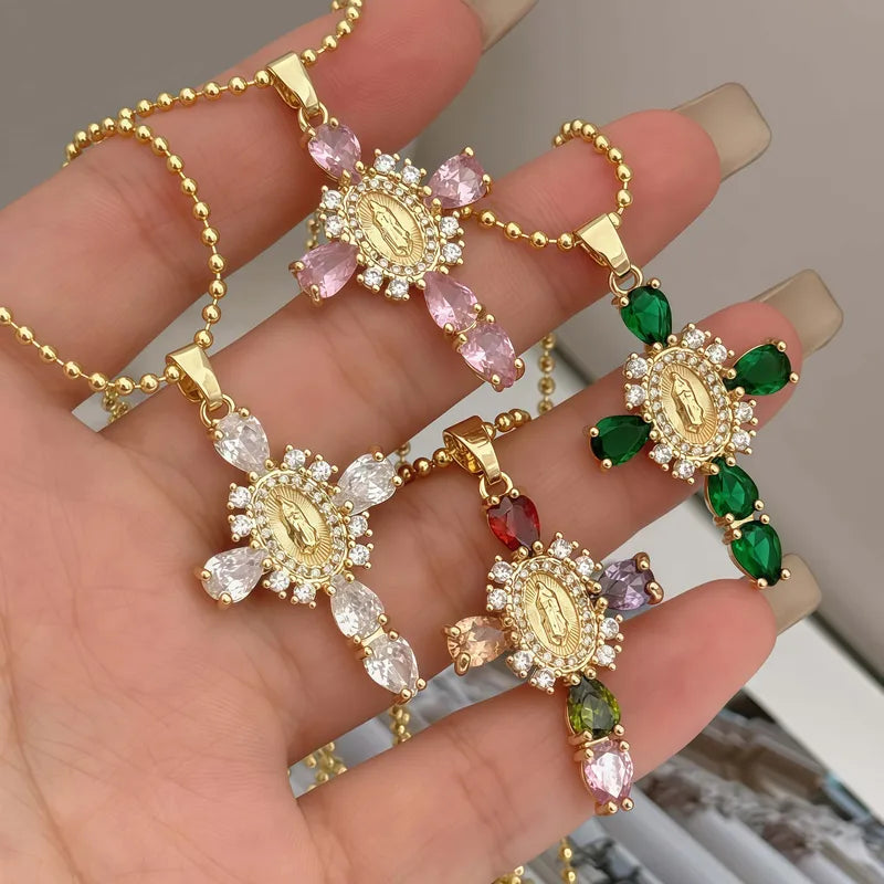 Fashionable Pendant Necklace Copper Plated 18K Gold Set Colorful Zircon Cross Virgin Mary Portrait Unisex Suitable For Travel Daily Commuting And Gifts