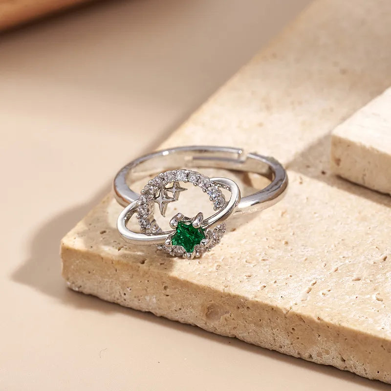 Fashionable Plated Zirconia Planet Ring Color Retention Handmade Polished Engraved Adjustable Size Copper