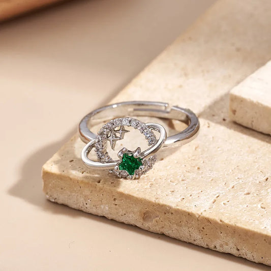 Fashionable Plated Zirconia Planet Ring Color Retention Handmade Polished Engraved Adjustable Size Copper