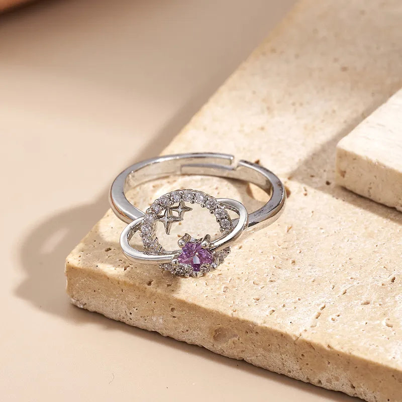 Fashionable Plated Zirconia Planet Ring Color Retention Handmade Polished Engraved Adjustable Size Copper