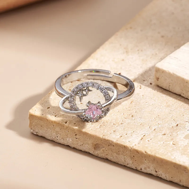 Fashionable Plated Zirconia Planet Ring Color Retention Handmade Polished Engraved Adjustable Size Copper