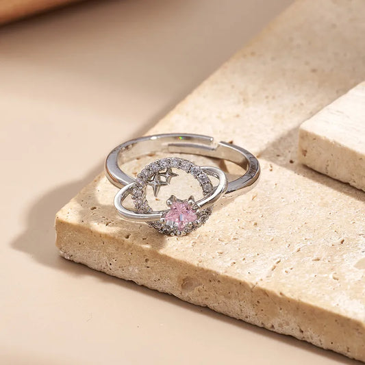 Fashionable Plated Zirconia Planet Ring Color Retention Handmade Polished Engraved Adjustable Size Copper