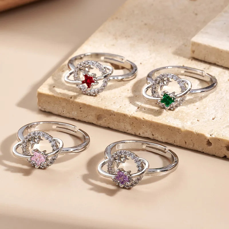 Fashionable Plated Zirconia Planet Ring Color Retention Handmade Polished Engraved Adjustable Size Copper