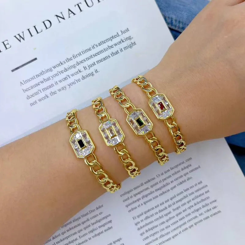 Fashionable Rectangular Electroplated Zirconia Micro-Paved Bracelet Color Retention Trendy Jewelry For Women Casual Party Wear