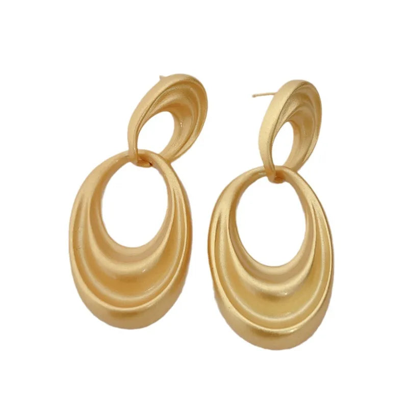 Fashionable Retro French Double Ring Earrings Women's Simple Gold Streamlined Large Atmosphere Ear Jewelry Copper Material