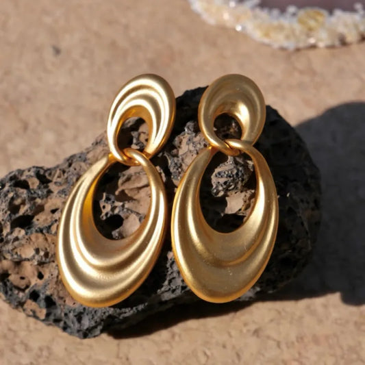 Fashionable Retro French Double Ring Earrings Women's Simple Gold Streamlined Large Atmosphere Ear Jewelry Copper Material