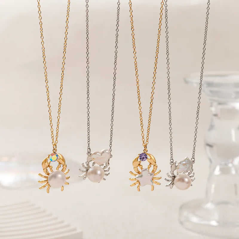 Fashionable Retro Ocean Series Crab Pendant Necklace Gold Plated 18K Cute Animal Themed Jewelry Casual Beach Style For Women