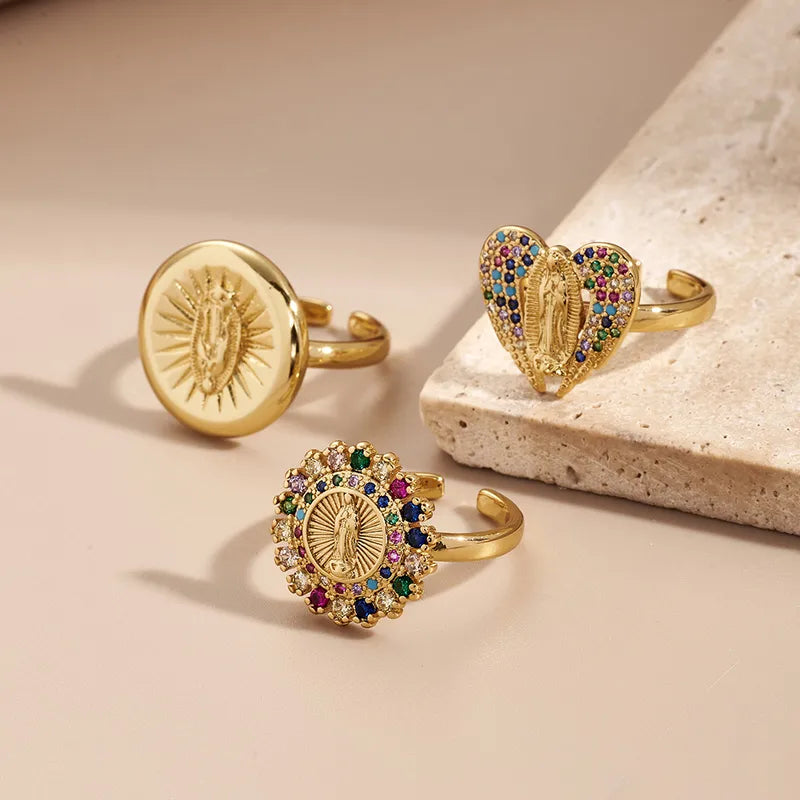 Fashionable Round Electroplated Zirconia Color Retention Ring Holy Mother Heart Design Adjustable Size 18K Gold Plated Copper