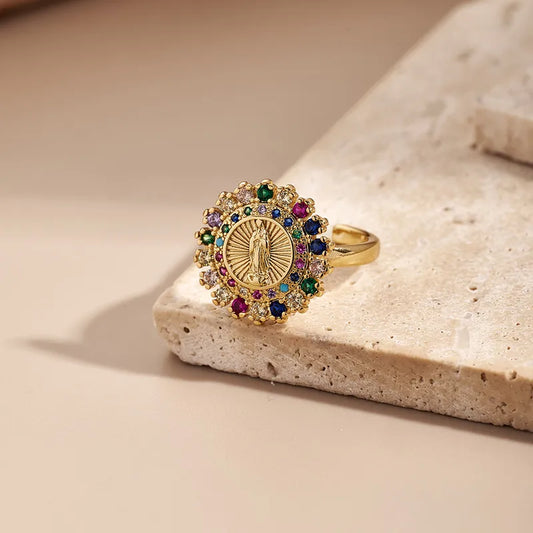 Fashionable Round Electroplated Zirconia Color Retention Ring Holy Mother Heart Design Adjustable Size 18K Gold Plated Copper