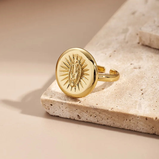 Fashionable Round Electroplated Zirconia Color Retention Ring Holy Mother Heart Design Adjustable Size 18K Gold Plated Copper