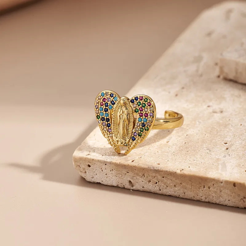 Fashionable Round Electroplated Zirconia Color Retention Ring Holy Mother Heart Design Adjustable Size 18K Gold Plated Copper
