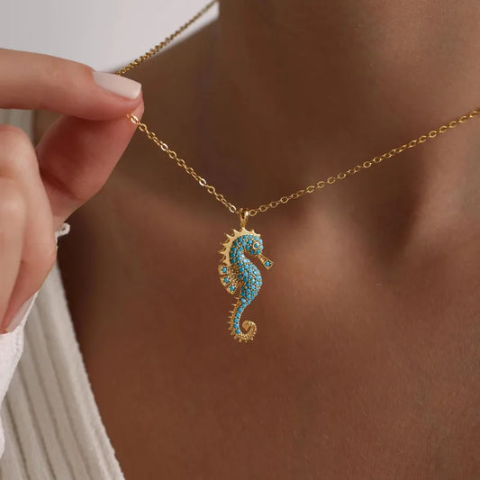 Fashionable Sea Horse Pendant Necklace Creative Style Stainless Steel Trendy Blue Electroplated Artistic Women's Jewelry Accessory