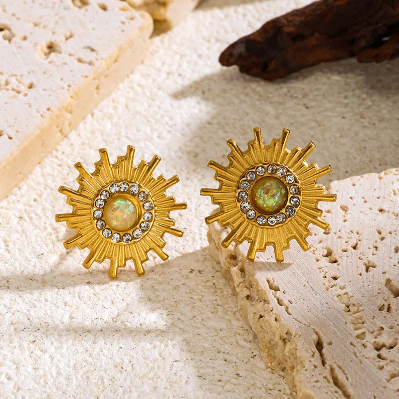 Fashionable Stainless Steel Earrings Set With Embedded Zirconia Sunflower Jewelry For Women Plated With 18K Gold Luxury Style