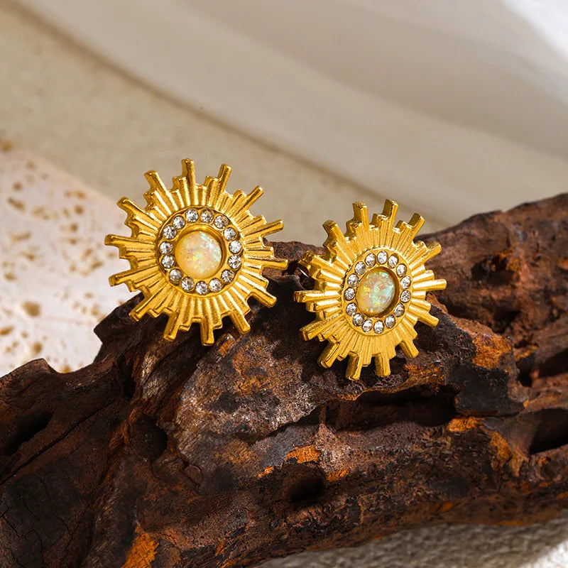 Fashionable Stainless Steel Earrings Set With Embedded Zirconia Sunflower Jewelry For Women Plated With 18K Gold Luxury Style