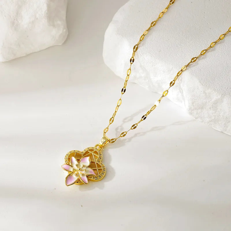 Fashionable Titanium Steel Flower Zircon Necklace Women's Simple Design Elegant Dainty Lockbone Chain Jewelry Accessory