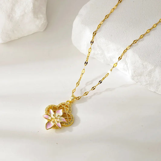 Fashionable Titanium Steel Flower Zircon Necklace Women's Simple Design Elegant Dainty Lockbone Chain Jewelry Accessory