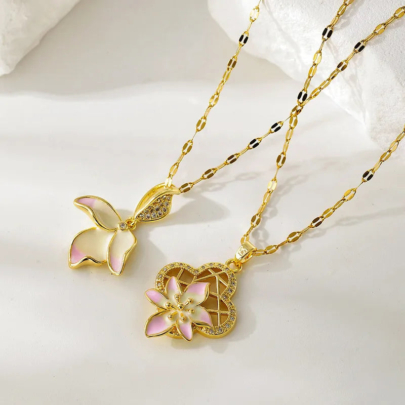 Fashionable Titanium Steel Flower Zircon Necklace Women's Simple Design Elegant Dainty Lockbone Chain Jewelry Accessory