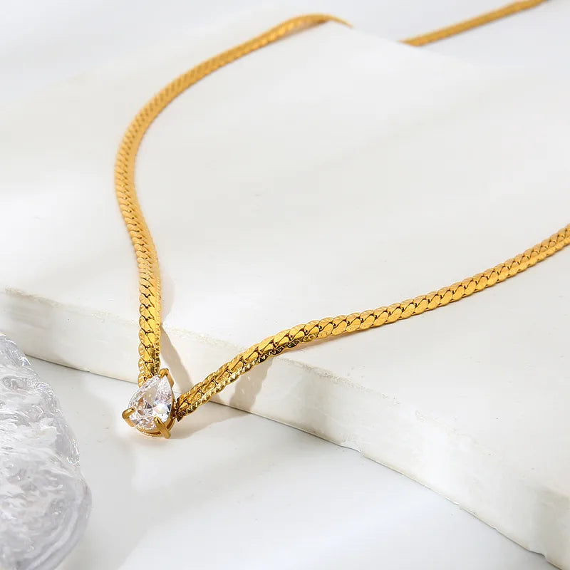 Fashionable Waterdrop Shaped Zircon Flat Snake Chain Necklace Gold Plated Stainless Steel Waterproof Simple Design Women's Jewelry