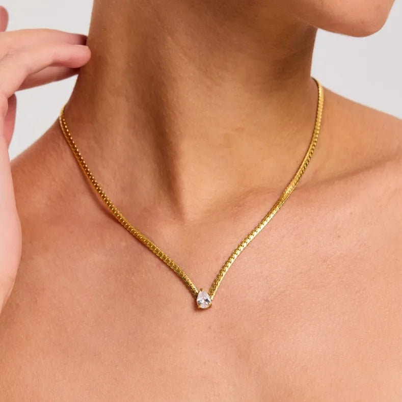 Fashionable Waterdrop Shaped Zircon Flat Snake Chain Necklace Gold Plated Stainless Steel Waterproof Simple Design Women's Jewelry