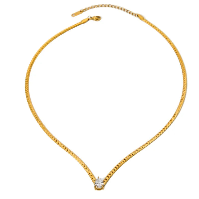 Fashionable Waterdrop Shaped Zircon Flat Snake Chain Necklace Gold Plated Stainless Steel Waterproof Simple Design Women's Jewelry