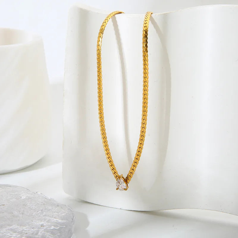 Fashionable Waterdrop Shaped Zircon Flat Snake Chain Necklace Gold Plated Stainless Steel Waterproof Simple Design Women's Jewelry
