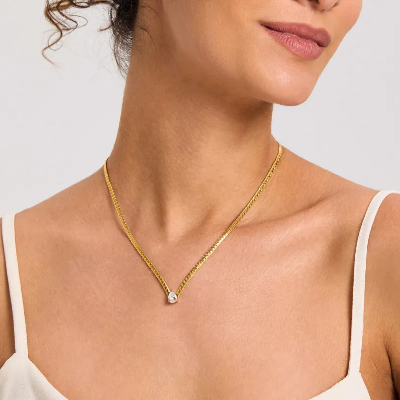 Fashionable Waterdrop Shaped Zircon Flat Snake Chain Necklace Gold Plated Stainless Steel Waterproof Simple Design Women's Jewelry