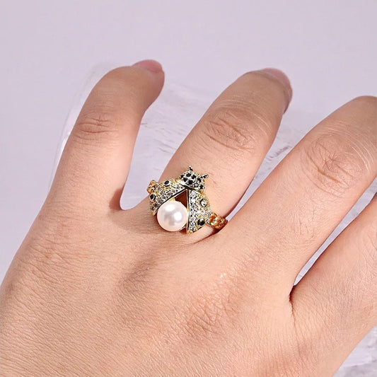Fashionable Zirconia Ladybug Open Ring Gold Plated Accessory Adjustable Size For Travel And Daily Use