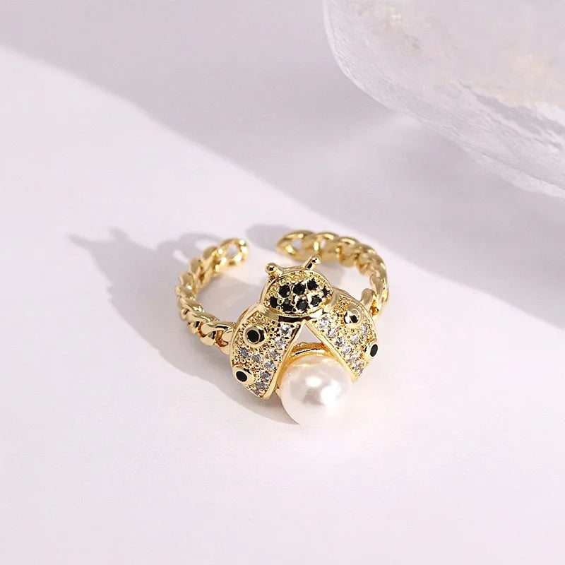 Fashionable Zirconia Ladybug Open Ring Gold Plated Accessory Adjustable Size For Travel And Daily Use