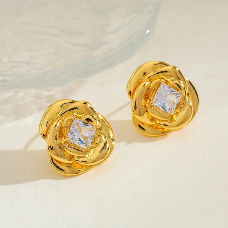 Flower Copper Birthday Party Date Festival Inlaid Women Water Plated Imitation Gold Zircon Casual Simple Style Shiny Gold Earrings