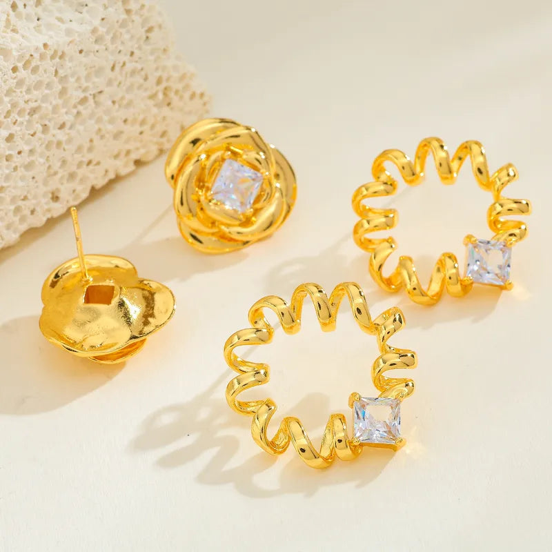 Flower Copper Birthday Party Date Festival Inlaid Women Water Plated Imitation Gold Zircon Casual Simple Style Shiny Gold Earrings