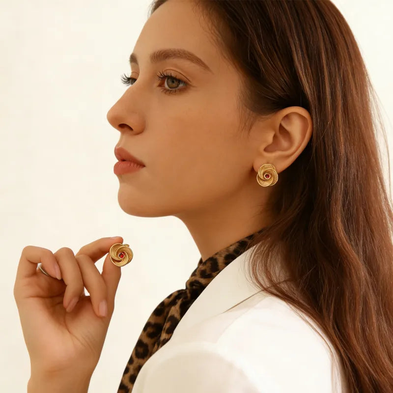 Flower Petal Zircon Inlaid Earrings Studs For Women 304 Stainless Steel 18K Gold Plated Vacuum Electroplating Waterproof Non-Fading Casual Ladies Earrings