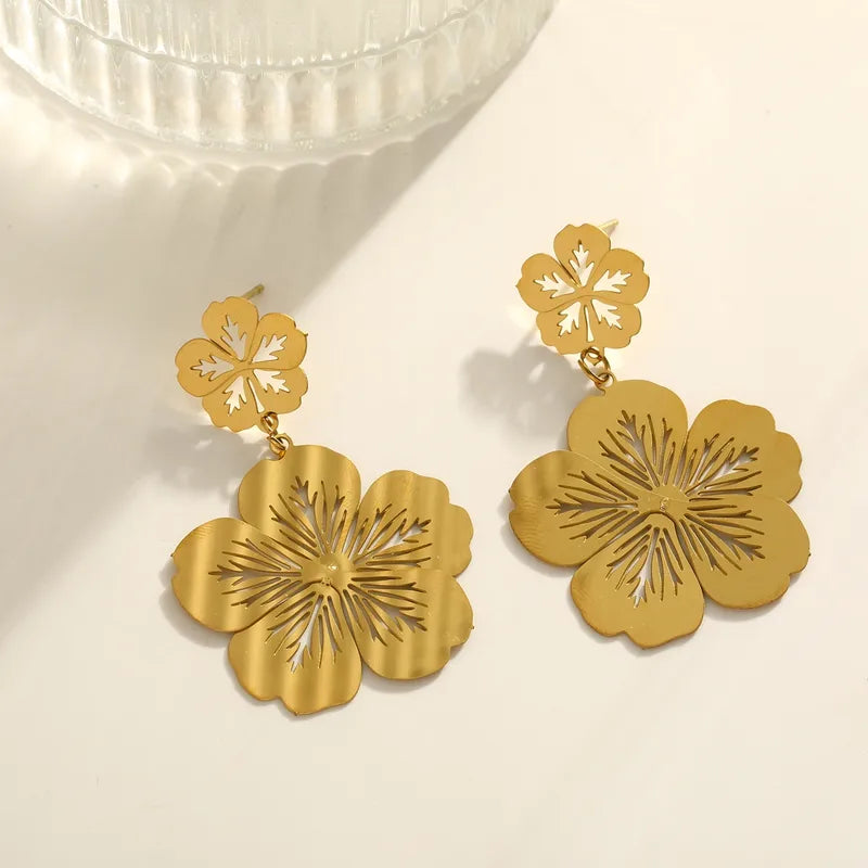 Flower Rhombus Vacuum Plating (In-Furnace) 304 Stainless Steel 18K Real Gold Plated Women's Suitable Earrings Simple Style