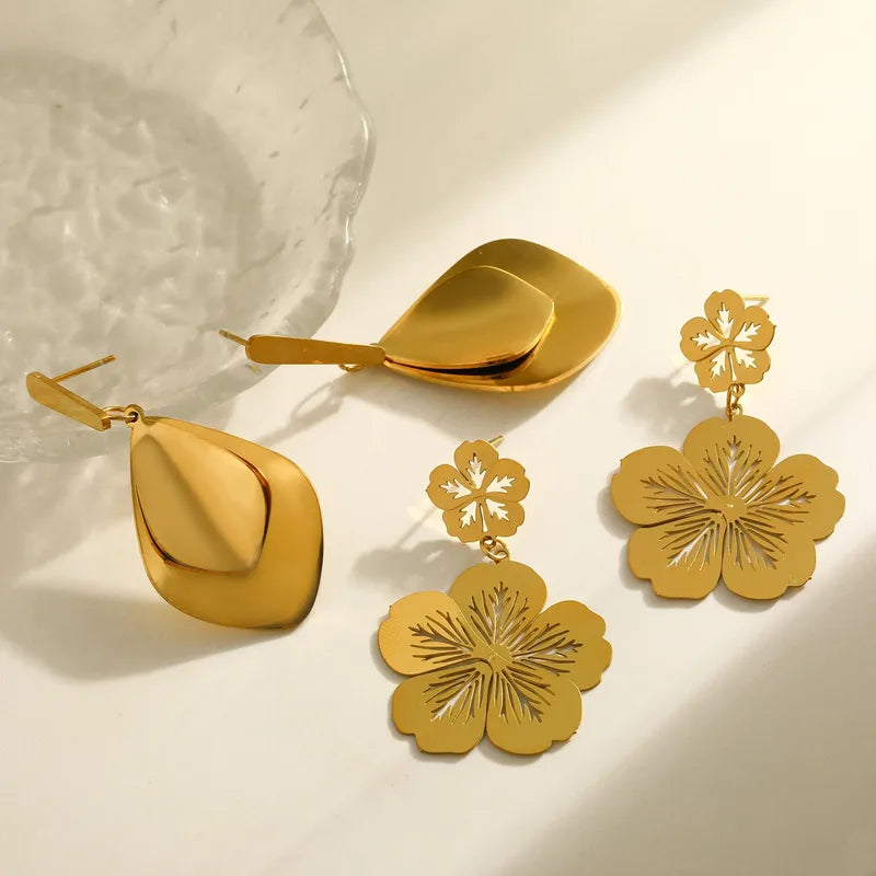 Flower Rhombus Vacuum Plating (In-Furnace) 304 Stainless Steel 18K Real Gold Plated Women's Suitable Earrings Simple Style