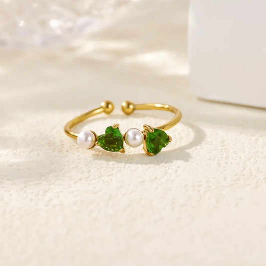 French Fine Style Ring Women's Fashion Ins Style 18K Pearl Opening Heart-Shaped Zircon Fashion Gemstone Ring